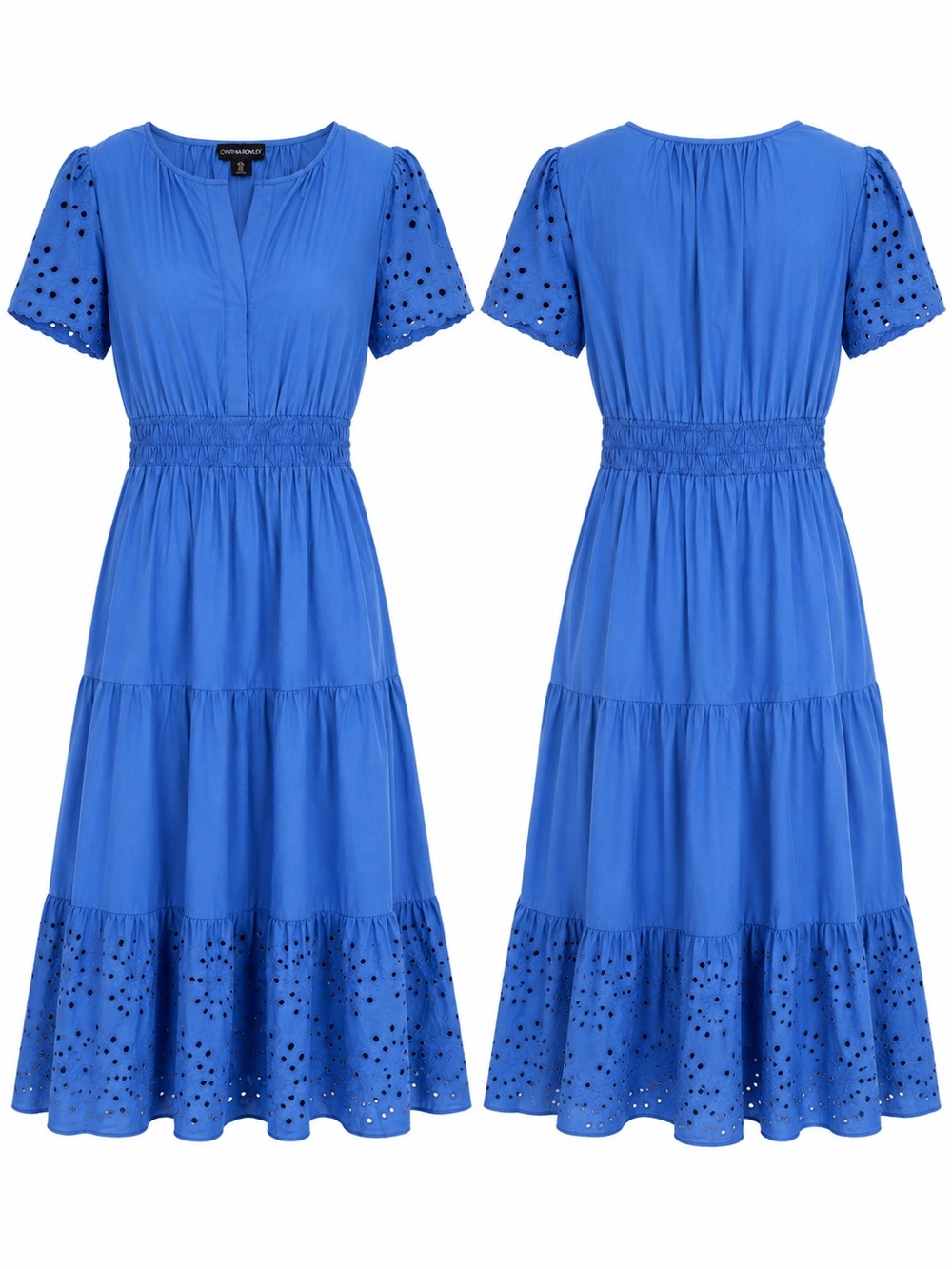 Cynthia Rowley Blue Eyelet Embroidered Tiered Midi Dress Smocked Size Large - Picture 5 of 13